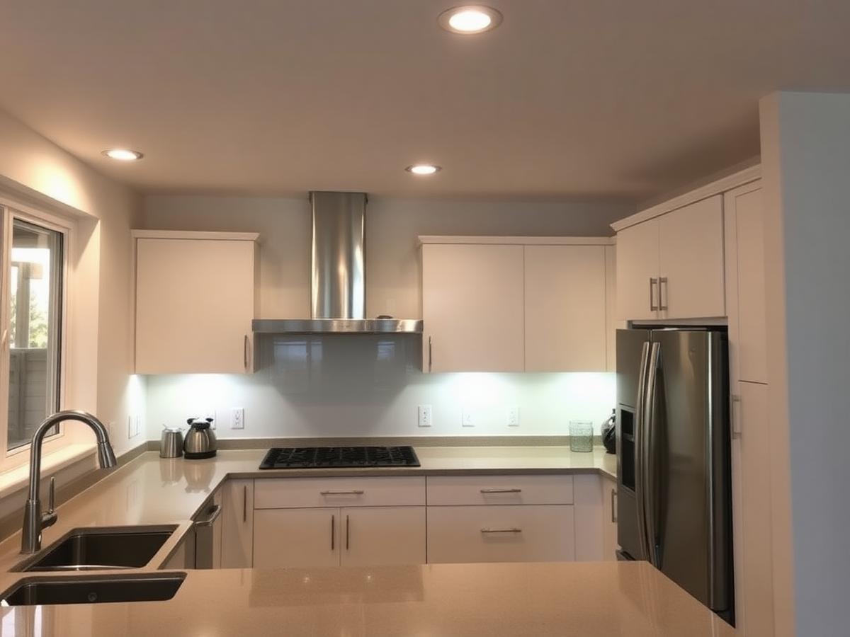 Renovated kitchen with recessed and under-cabinet lighting installed
