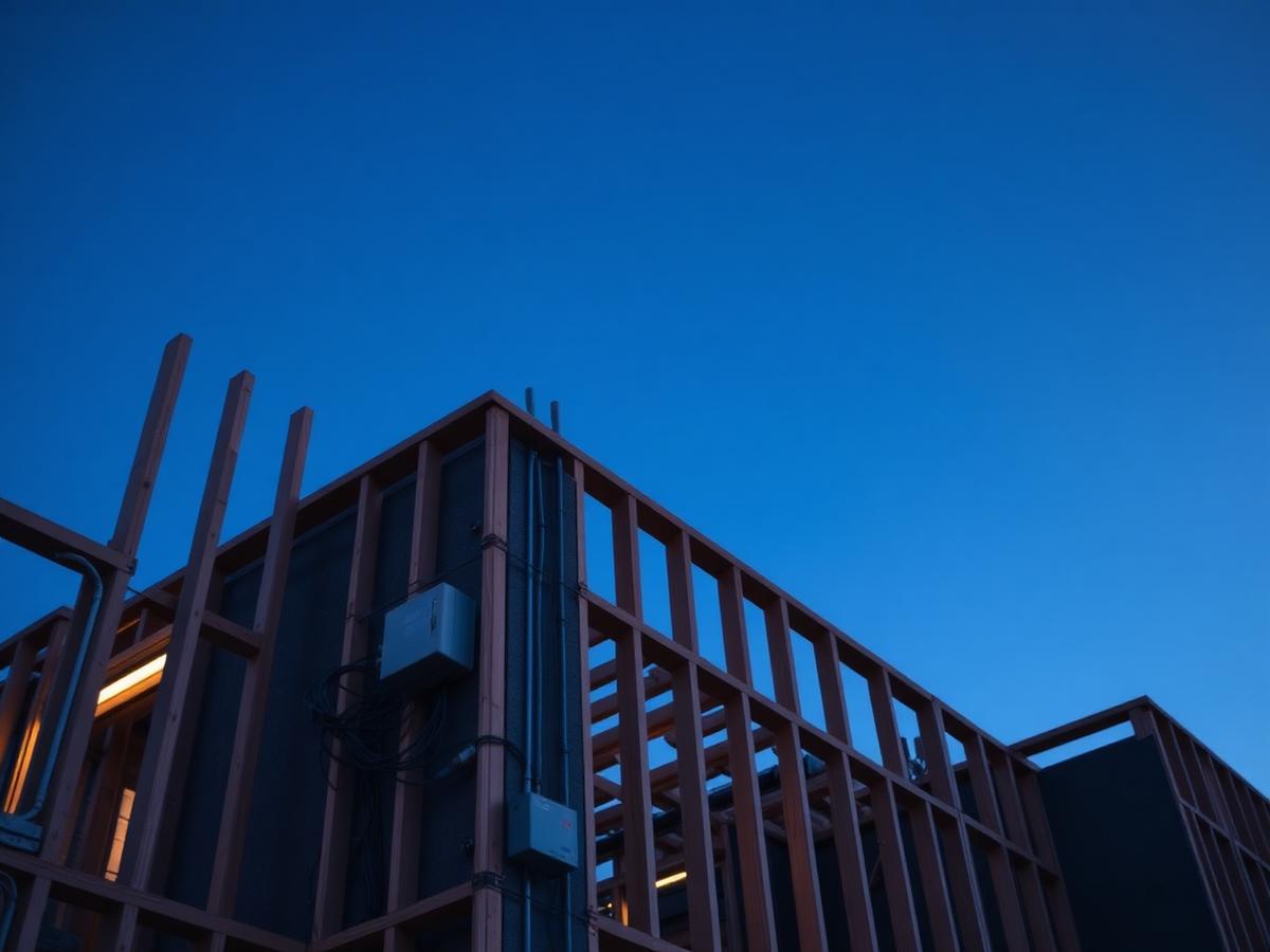 New construction building framing with exterior electrical service equipment