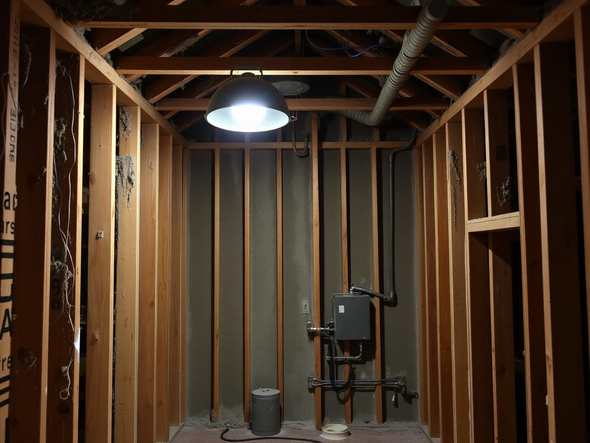 Interior mid-renovation with exposed framing and electrical boxes